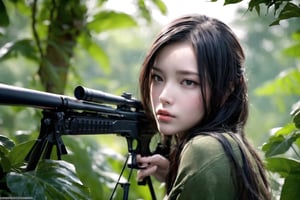 (sharp focus),  (award winning),  (extremely detailed),  (best quality, 4k, 8k, highres, masterpiece:1.2), ultra-detailed, (realistic, photorealistic, photo-realistic:1.37),Female sniper hiding above a tree in the jungle,full body, sniper rifle