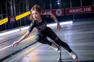 (best quality, 8k, highres, masterpiece:1.2), ultra-detailed, realistic, cinematic light,2  girls , speed skating, short tracks, overtaking on curves,kathrynnewton