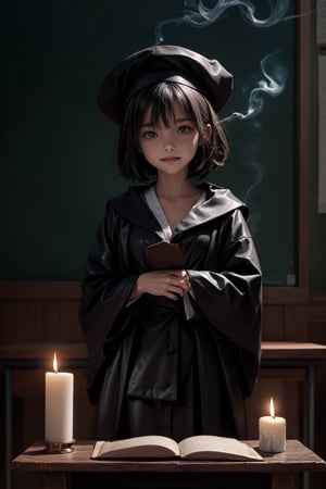 A dimly lit classroom, reminiscent of a mystical lair, where students in pointed black hats and matching robes sit cross-legged on worn wooden desks. The teacher, a mysterious figure shrouded in shadows, stands at the chalkboard, scribbling arcane symbols with a twisted grin. Puffs of dark smoke waft from candles scattered about the room, casting an eerie glow on ancient tomes bound in black leather.