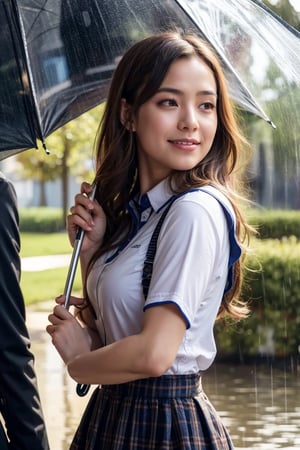 Best Quality, 32k, photorealistic, ultra-detailed, finely detailed, high resolution, perfect dynamic composition, beautiful detailed eyes, sharp-focus, a beautiful school girl, Rain, sharing umbrella, young couple, hugging each other, park
