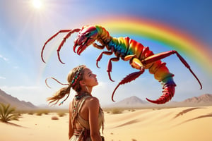 (4k), (masterpiece), (best quality),(extremely intricate), (realistic), (sharp focus), (award winning), (cinematic lighting), (extremely detailed), A girl fighting a rainbow scorpion in the desert, from below, boho_chic