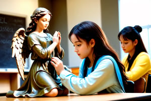 (4k),  (masterpiece),  (best quality), (extremely intricate),  (realistic),  (sharp focus),  (award winning),  (extremely detailed), (best quality,4k,8k,highres,masterpiece:1.2),ultra-detailed,(realistic,photorealistic,photo-realistic:1.37), A girl carving an angel  statue, classroom, Dilireba