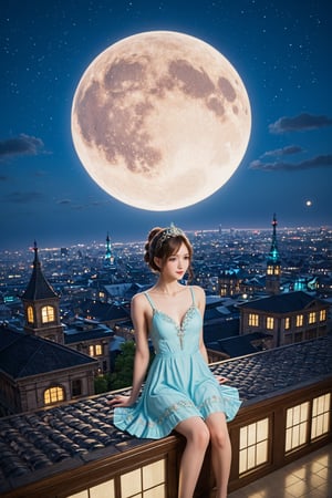 A serene couple gazes out at the celestial canvas on the rooftop, bathed in the soft glow of the harvest moon. The full moon's gentle light casts an ethereal ambiance as they sit amidst wispy clouds and twinkling city lights. Fantasy elements whisper hints of mystique, as the pair's tender moment is framed by the urban skyline.