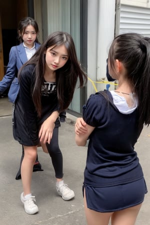 A girl being harassed by delinquent girls, behind the school building