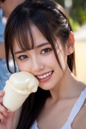 A close-up shot of a smiling girl's face, her eyes shining with joy as she licks a swirl of creamy soft serve ice cream from a cone. Soft golden light illuminates the scene, highlighting the sweetness on her lips and the texture of the frozen treat. The background is blurred, focusing attention on the delightful treat and the happy consumer.