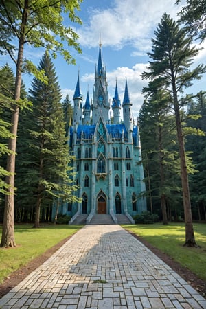 A majestic dream castle rises from a misty forest floor, its turrets and towers piercing the sky like shards of moonlight. Soft focus highlights the delicate stone carvings on the facade, while the surrounding trees are shrouded in an ethereal glow.