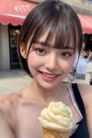 A close-up shot of a smiling girl's face, her eyes shining with joy as she licks a swirl of creamy soft serve ice cream from a cone. Soft golden light illuminates the scene, highlighting the sweetness on her lips and the texture of the frozen treat. The background is blurred, focusing attention on the delightful treat and the happy consumer.