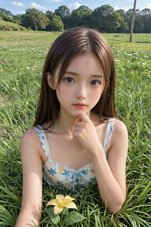 A whimsical scene unfolds: A young girl lies on her stomach in a sun-kissed meadow at the end of summer, her chin cradled in the palm of her hand. Her gaze is fixated on a tiny insect, posed adorably on a nearby blade of grass. The warm light casts a gentle glow on her profile, with soft focus blurring the surrounding flora.