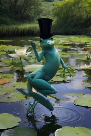 A whimsical illustration of a small green frog with big round eyes, wearing a tiny top hat and holding a cane in its front leg, as it leaps mid-air over a lush pond surrounded by vibrant lily pads and tall reeds. The sunlight casts a warm glow on the scene, with soft ripples in the water creating a sense of movement.