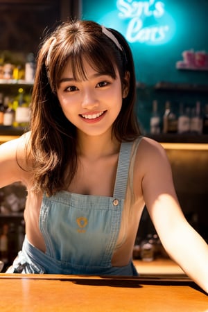 A cheerful bartender at a girls' bar pours beer with a warm smile as she chats with customers, the soft glow of neon lights reflecting off her bright apron, the vibrant atmosphere pulsating with laughter and conversation.