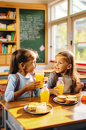 A warm and inviting scene: two beautiful young girls sit at a wooden desk in a well-lit classroom, surrounded by chalkboards and bookshelves. They gaze down at their lunches, giggling as they take turns holding up sandwiches and sipping from juice boxes. Soft natural light pours through the windows, casting a gentle glow on their happy faces and brightening the overall atmosphere.