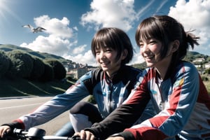 (Top Quality, 8K, High Resolution, masterpiece:1.2), ultra-detailed, realistic, physically based rendering, HDR, colorful lighting, Sisters riding a two-seater bicycle, a cycling course along the coast, hair waving in the refreshing breeze, trees on the street, blue sky, white clouds, seagulls flying, smiling faces ,ENHANCE,portrait,Kaori