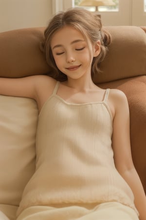 A serene image of a girl lounging in a comfortable repose, her slender figure reclined against a plush couch or soft blanket. Her eyes closed, a gentle smile plays on her lips as she exhales slowly, releasing any tension or stress. The soft focus and warm lighting evoke a sense of tranquility, as if time stands still in this peaceful moment.