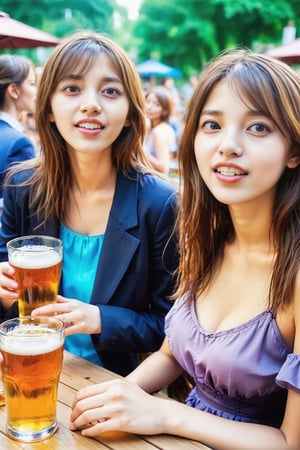 (masterpiece, best quality, dynamic angle, realistic, wide shot), drunk girls drinking beer, full body, beer garden, sharp focus ,real_booster