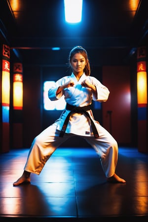 (Top Quality, 8K, High Resolution, masterpiece:1.2), ultra-detailed, realistic, physically based rendering, HDR, soft lighting,  Girl doing karate, roundhouse kick
