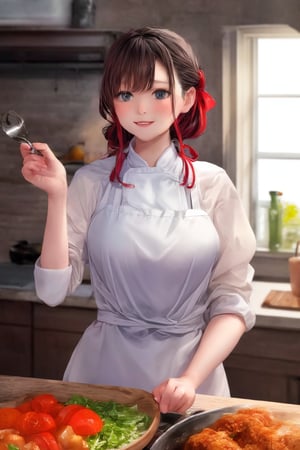 A courtly female chef stands in a warm, golden-lit kitchen, her white apron stained with subtle hints of red from fresh tomatoes. She wears a bright smile as she expertly chops a fragrant herb, her curly brown hair tied back with a crimson ribbon. The rustic wooden table behind her is cluttered with cookbooks and utensils, while a large stone fireplace crackles in the background, casting a cozy glow on the scene.