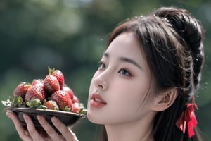 (sharp focus),  (award winning),  (extremely detailed),  (best quality, 4k, 8k, highres, masterpiece:1.2), ultra-detailed, (realistic, photorealistic, photo-realistic:1.37), A girl is picking strawberries and eating them with a little bird.,1 girl ,huangyuyao