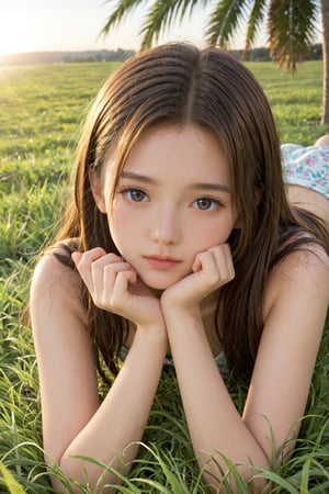 A young girl rests on a sun-drenched meadow, late summer's warmth fading into golden hues. She lies prone, her chin cradled in the palm of her hand, a sweet, contemplative pose. The soft grass beneath her whispers secrets as she gazes out at the waning wildflowers.