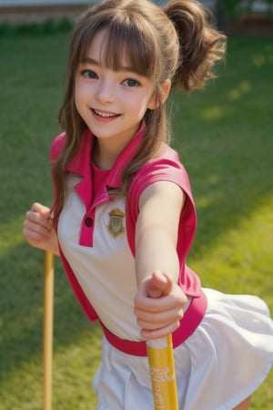 A young girl with a big smile and sparkling eyes proudly holds a baton in one hand, her arm extended in front of her as she twirls it around her body. The camera captures the dynamic movement from directly above, highlighting the bright colors of her uniform and the rhythmic motion of the baton spinning through the air. Soft, warm lighting illuminates her face, emphasizing her joy and concentration.