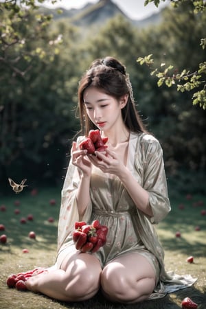 (sharp focus),  (award winning),  (extremely detailed),  (best quality, 4k, 8k, highres, masterpiece:1.2), ultra-detailed, (realistic, photorealistic, photo-realistic:1.37), A girl is picking strawberries and eating them with a little ((bird)), full body, 1 girl ,huangyuyao