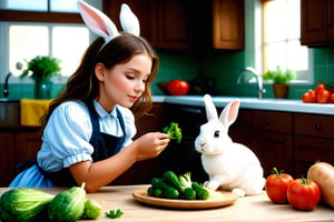 (sharp focus),  (award winning),  (extremely detailed),  (best quality, 4k, 8k, highres, masterpiece:1.2), ultra-detailed, (realistic, photorealistic, photo-realistic:1.37), A girl and a rabbit, the rabbit is eating vegetables, kitchen