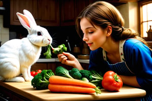 (sharp focus),  (award winning),  (extremely detailed),  (best quality, 4k, 8k, highres, masterpiece:1.2), ultra-detailed, (realistic, photorealistic, photo-realistic:1.37), A girl and a rabbit, the rabbit is eating vegetables, kitchen