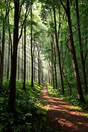 A serene forest scene: a majestic tree with gnarled branches dominates the center of the frame, its trunk surrounded by a tapestry of ferns and wildflowers. Soft dappled lighting filters through the canopy above, casting intricate shadows on the forest floor. A gentle mist rises from the underbrush, veiling the atmosphere in mystery.