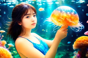 (Top Quality, 8K, High Resolution, masterpiece:1.2), ultra-detailed, realistic, physically based rendering, HDR, soft lighting, Girl swimming with jellyfish under the sea,NYFlowerGirl
