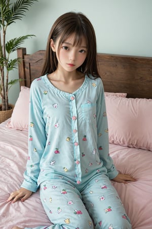 Soft focus captures a young girl reclining on a plush bed, her cheek resting on her palms. Loose-fitting pajamas drape effortlessly over her slender frame, a gentle haze of morning light dancing across the scene as she gazes thoughtfully into space.