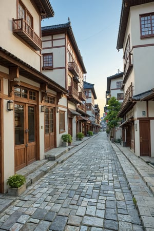 A misty dawn unfolds in the ancient Japanese city, where weathered temples and intricately tiled roofs blend with modern skyscrapers. Soft morning light casts a warm glow on cobblestone streets, as pedestrians in traditional attire hurry to daily rituals. Ancient architecture meets urban bustle in a harmonious balance of old and new.