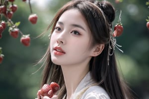 (sharp focus),  (award winning),  (extremely detailed),  (best quality, 4k, 8k, highres, masterpiece:1.2), ultra-detailed, (realistic, photorealistic, photo-realistic:1.37), A girl is picking strawberries and eating them with a little bird., full body, 1 girl ,huangyuyao