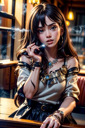 (Best Quality:1.4), (Ultra-detailed), (extremely detailed beautiful face), (extremely detailed CG unified 8k wallpaper), High-definition raw color photos, Professional Photography, A smoking girl, elegantly, full body, cute pose, cafe ,AIDA_LoRA_MeW2016