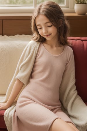 A serene image of a girl lounging in a comfortable repose, her slender figure reclined against a plush couch or soft blanket. Her eyes closed, a gentle smile plays on her lips as she exhales slowly, releasing any tension or stress. The soft focus and warm lighting evoke a sense of tranquility, as if time stands still in this peaceful moment.