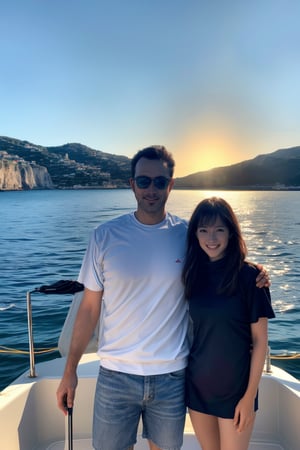 A mixed doubles sailing team in perfect sync, standing at the helm of their sleek yacht as it glides across the calm waters of a picturesque Mediterranean bay. The golden sunlight casts a warm glow on their smiling faces, while the surrounding islands and lush greenery create a serene backdrop.