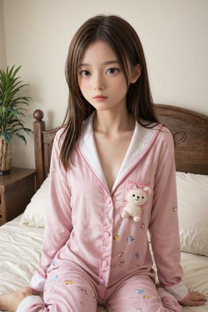 Soft focus captures a young girl reclining on a plush bed, her cheek resting on her palms. Loose-fitting pajamas drape effortlessly over her slender frame, a gentle haze of morning light dancing across the scene as she gazes thoughtfully into space.