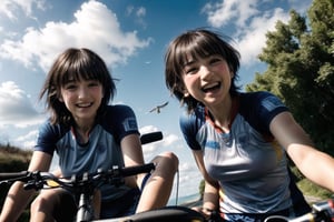 (Top Quality, 8K, High Resolution, masterpiece:1.2), ultra-detailed, realistic, physically based rendering, HDR, colorful lighting, Sisters riding a two-seater bicycle, a cycling course along the coast, hair waving in the refreshing breeze, trees on the street, blue sky, white clouds, seagulls flying, smiling faces ,ENHANCE,portrait,Kaori