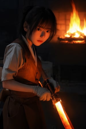 A close-up shot of a determined female Japanese swordsmith, her face illuminated by the fiery glow of the forge, as she skillfully hammers a glowing block of red-hot iron into the shape of a traditional Japanese sword. The camera's framing emphasizes her intense focus and precise technique, with the sizzling metal and hammering sounds creating a sense of energy and urgency.