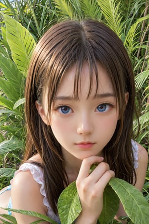 A whimsical scene unfolds: A young girl lies on her stomach in a sun-kissed meadow at the end of summer, her chin cradled in the palm of her hand. Her gaze is fixated on a tiny insect, posed adorably on a nearby blade of grass. The warm light casts a gentle glow on her profile, with soft focus blurring the surrounding flora.