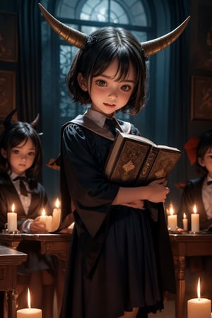 A whimsical scene unfolds: Little Devil Academy - a playful, fantastical school setting where mischievous students learn dark magic amidst eerie candlelight and ancient tomes. A diminutive devil teacher stands at the front of the class, surrounded by curious young demons donning tiny mortarboards, their horns and tails bobbing with excitement.