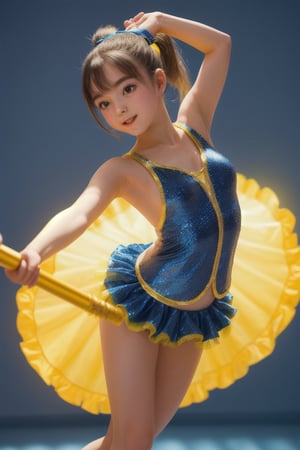 A young girl in a sparkling blue costume twirls her baton with precision and flair, her ponytail bouncing behind her. Framed against a bright yellow background, sunlight illuminates the scene from above, casting a warm glow. The camera captures her dynamic pose mid-twirl, legs splayed apart, arms extended, as she spins with effortless grace.