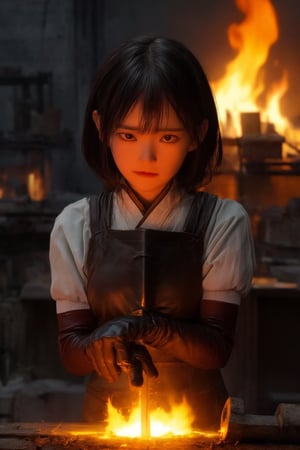 A close-up shot captures the intense focus of a skilled Japanese swordsmith, her hands encased in worn leather gloves as she expertly hammers a glowing chunk of red-hot iron on an anvil. The fiery metal seems to pulse with life, casting a warm orange glow across her determined face and the rustic surroundings of her traditional workshop.