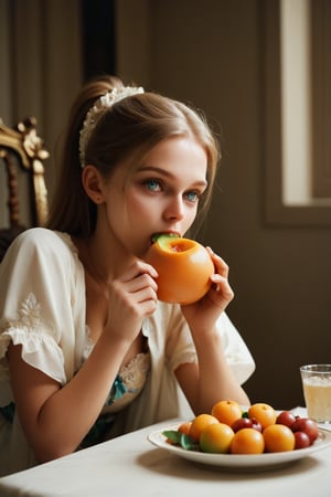 score_9,score_8_up,score_7_up,score_6_up,score_5_up, masterpiece,best quality,very detailed,(complex,very detailed,8K,masterpiece), Girl eating fruit