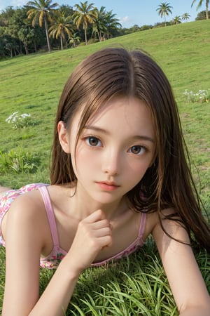 A young girl rests on a sun-drenched meadow, late summer's warmth fading into golden hues. She lies prone, her chin cradled in the palm of her hand, a sweet, contemplative pose. The soft grass beneath her whispers secrets as she gazes out at the waning wildflowers.