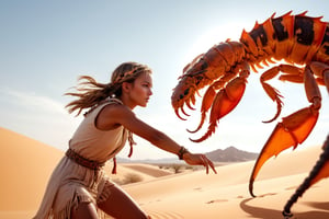(4k), (masterpiece), (best quality),(extremely intricate), (realistic), (sharp focus), (award winning), (cinematic lighting), (extremely detailed), A girl fighting a orange scorpion in the desert, from below, boho_chic