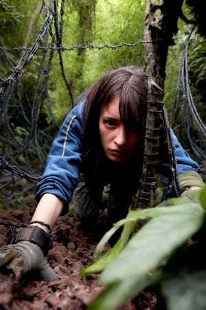 Low-angle shot of a determined female soldier crawling beneath a twisted mass of barbed wire, her weary expression a testament to her unwavering resolve. The camera's gaze is positioned at the soldier's level, emphasizing her grit and tenacity as she navigates the treacherous terrain. A worn rifle slung over her shoulder, its metal glinting in the dim light. Surrounding foliage is overgrown and unkempt, adding to the sense of desolation and urgency.