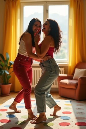 Vibrant living room with a bold color scheme, featuring two stunning women laughing and embracing as they play Twister on a worn-out mat. Soft sunlight pours in through the large window behind them, casting a warm glow on their playful expressions. The camera frames a tight shot of their joyful interaction, focusing on the excitement and intimacy between the friends.