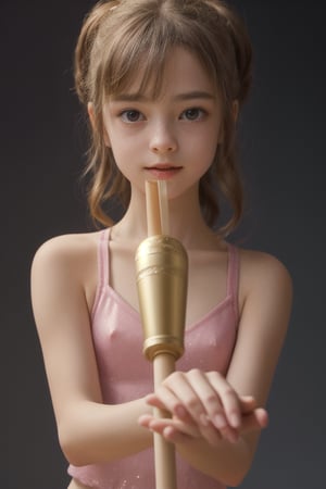 A close-up shot of a young girl's hands, fingers deftly manipulating the baton as she twirls it with precision and finesse. The lighting is soft and warm, casting a gentle glow on her face and highlighting the rhythmic motion of the baton. The composition is simple yet dynamic, focusing attention on the subject's hands as they spin and flip the baton in perfect harmony.