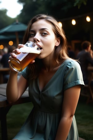 (masterpiece, best quality, dynamic angle, realistic, wide shot), (symmetry:1.2), drunk girl drinking beer, full body, beer garden