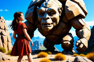 (4k),  (masterpiece),  (best quality), (extremely intricate),  (realistic),  (sharp focus),  (award winning),  (extremely detailed), (best quality,4k,8k,highres,masterpiece:1.2),ultra-detailed,(realistic,photorealistic,photo-realistic:1.37), girl playing with golem, rocky mountain, Dilireba