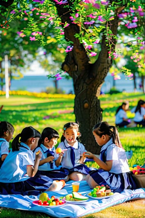 A sunny afternoon in a lush green park, with vibrant flowers blooming around the scenery. A group of beautiful schoolgirls, their uniforms a crisp white and bright blue, sit on a blanket under a majestic oak tree. They giggle and chat as they eat their lunch, sandwiches and fruit spread out before them. The warm sunlight casts long shadows across the grass, highlighting the girls' joyful laughter and carefree atmosphere.